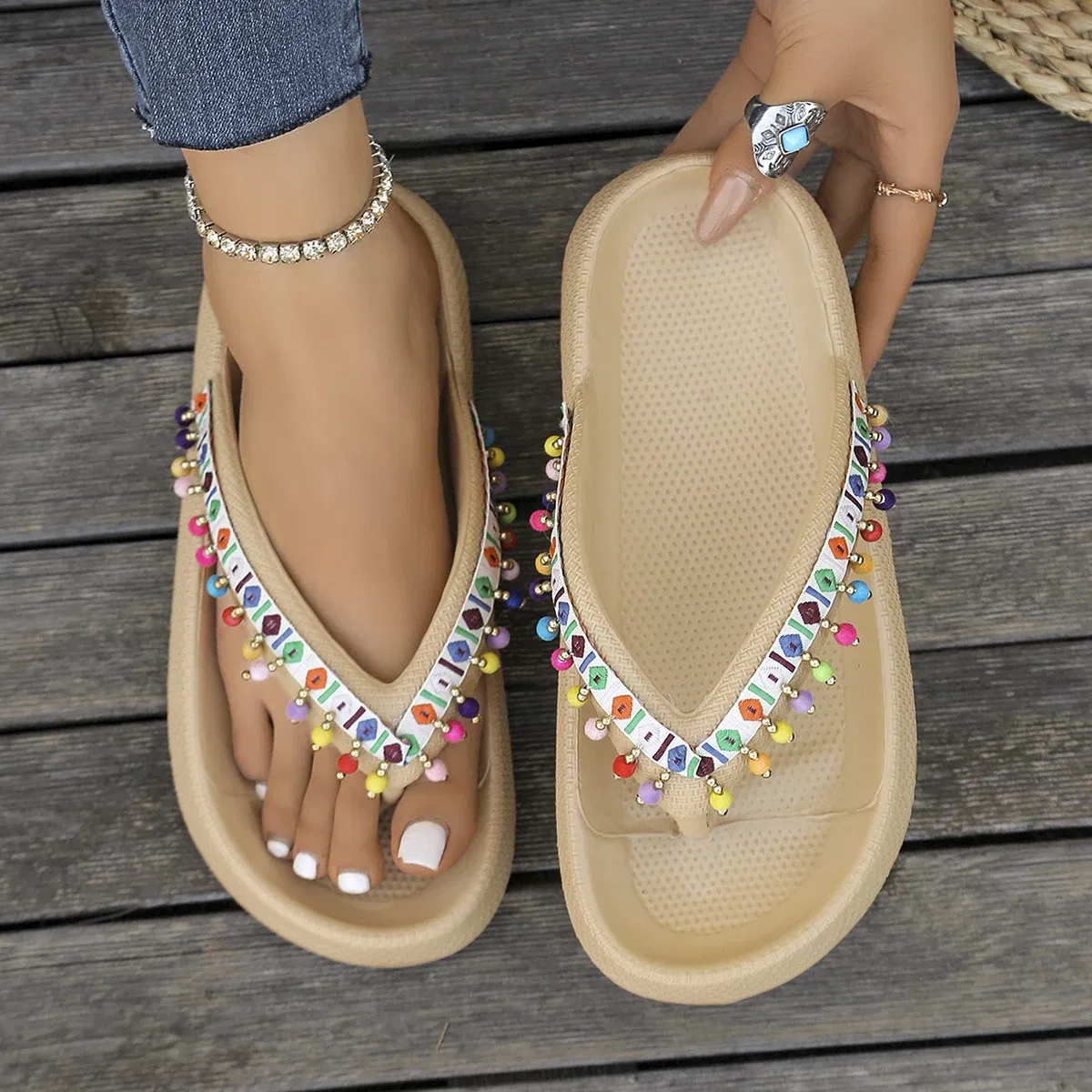 Color: Deep Green, Shoe Size: 40-41 - Summer Multi Color Women's Flip Flops Fashionable Metallic Teddy Bear Bow Slide Sandal Beach Vacation Home Versatile Footwear