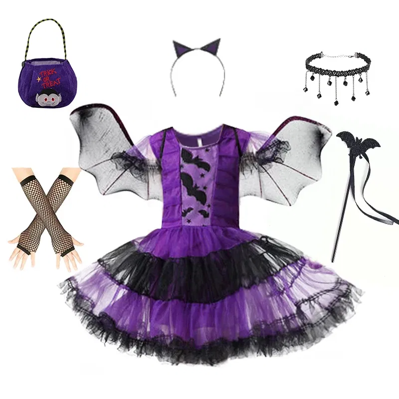 Kid Size: 2T, Color: Pink - Halloween Children Purple Vampire Costume Girls Dress Kids Clothes Baby Bat Spider Party Cosplay Headband +Wing Outfit