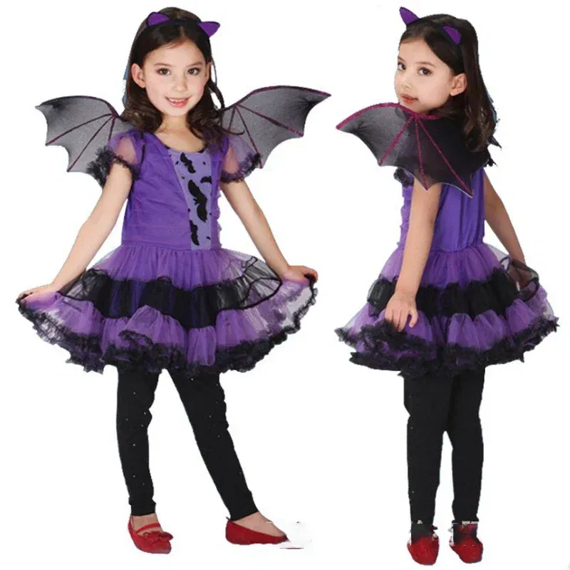 Kid Size: 2T, Color: Pink - Halloween Children Purple Vampire Costume Girls Dress Kids Clothes Baby Bat Spider Party Cosplay Headband +Wing Outfit