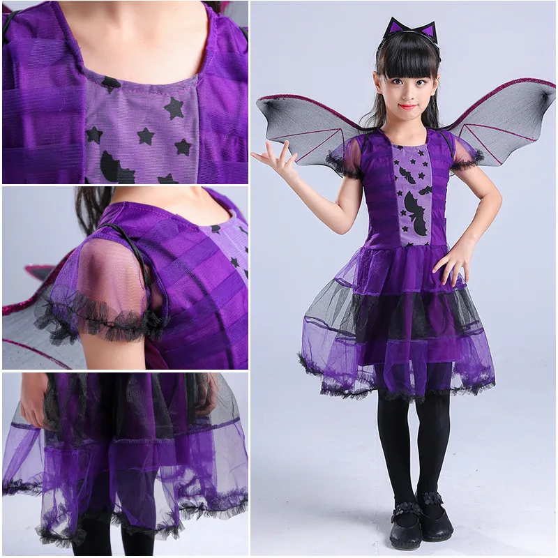 Kid Size: 2T, Color: Pink - Halloween Children Purple Vampire Costume Girls Dress Kids Clothes Baby Bat Spider Party Cosplay Headband +Wing Outfit