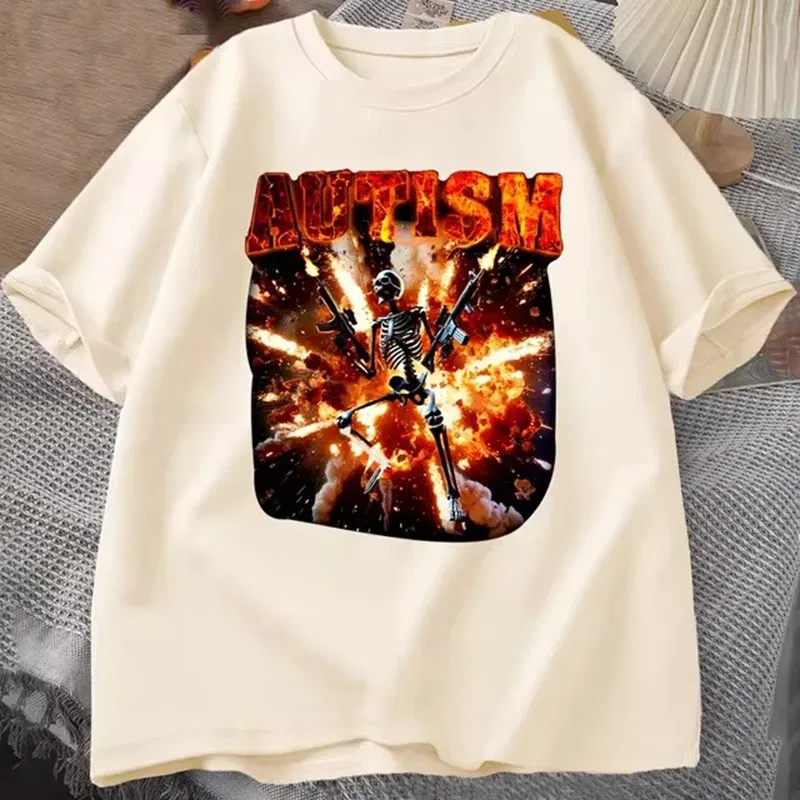 Color: WHITE, Size: L - Autistic Funny Skeleton T Shirt Women Men Autism Edgy Skeleton Meme T-shirt Casual Short Sleeve Tshirt Round Neck Clothes