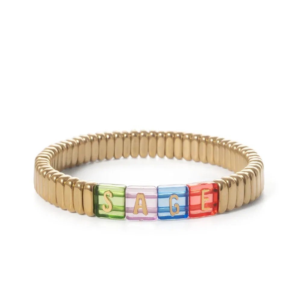 Metal Color: Rhodium Plated, Ships From: CHINA - Wholesale Gold Silver Color Elastic Bracelets Handmade Letter Charms Bracelets For Women 2X8MM Beads Bracelets Bohemain Jewelry