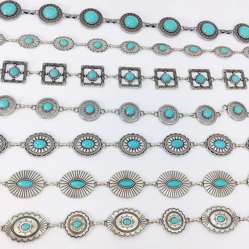 Color: WHITE, Belt Length: 110cm - Fashion Silver Bohemian female circular waist chain luxury blue gemstone Ellipse chain belts for women suitable for Skirts dress