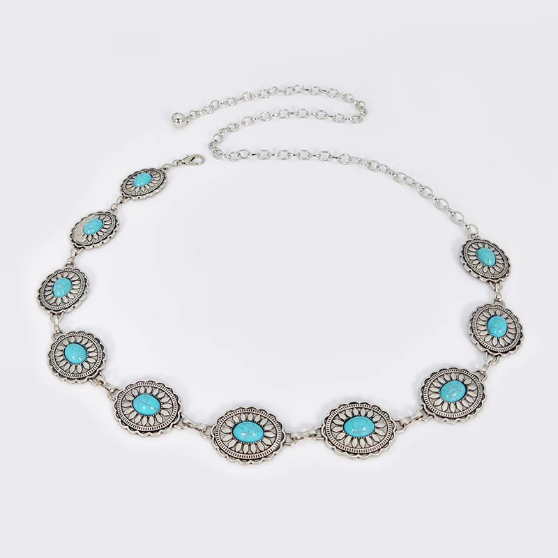 Color: WHITE, Belt Length: 110cm - Fashion Silver Bohemian female circular waist chain luxury blue gemstone Ellipse chain belts for women suitable for Skirts dress