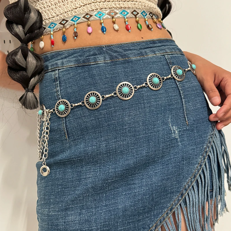 Color: WHITE, Belt Length: 110cm - Fashion Silver Bohemian female circular waist chain luxury blue gemstone Ellipse chain belts for women suitable for Skirts dress