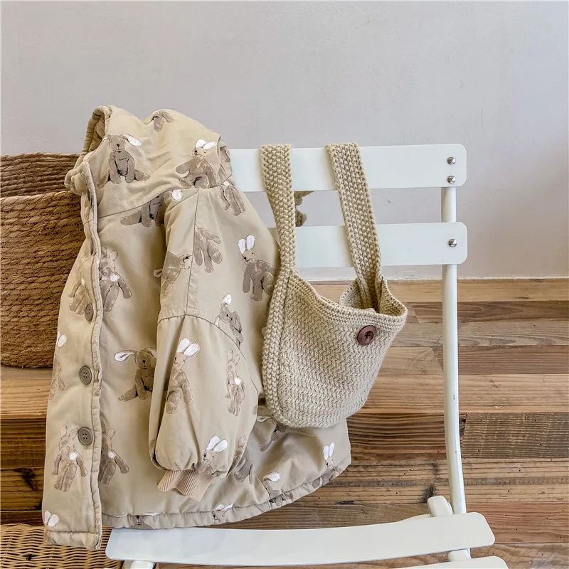 Color: Khaki, Kid Size: 2T - Girls Coat 2025 Autumn and Winter New Children's Clothing Korean Wind Girl Baby Cotton Printed Down Jacket Casual Simple Daily