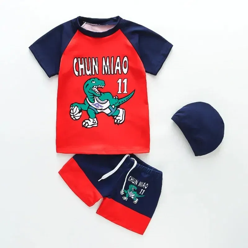 Size: Children, Color: Blue - Summer Boys Swimsuit for Kids Split Sun Quick Dry With Swim Cap Swimsuit Cartoon Boys Set