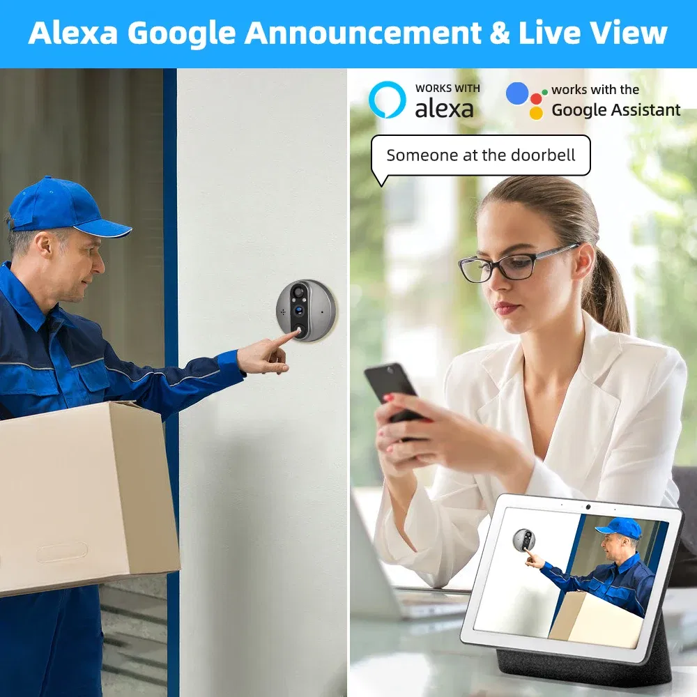 Color: black, Ships From: CHINA - New! 3MP Tuya Smart Life APP Home Battery WiFi Video Digital Door Peephole Viewer PIR IR Door Bell Magic Eye FHD Camera Alexa