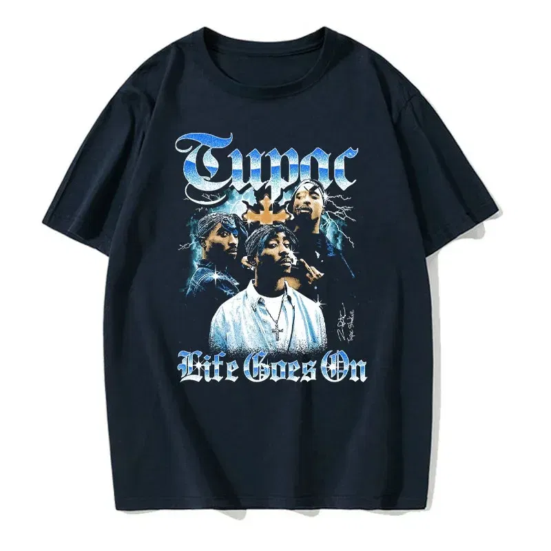 Color: Blue, Size: L - Men's Short Sleeved Fashion Rap Singer Tupac 2Pac Printed Top Harajuku Printed T-shirt Casual Basic O-neck T-shirt
