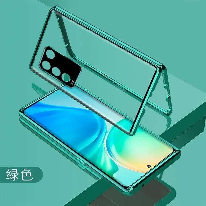 Color: green, Material: Cotton Fabric - 360 Full Case For Vivo V29 5G V27 Pro V27E V25 V23 Double Sided Magnetic Adsorption Metal Capa Tempering Glass Clear Phone Cover