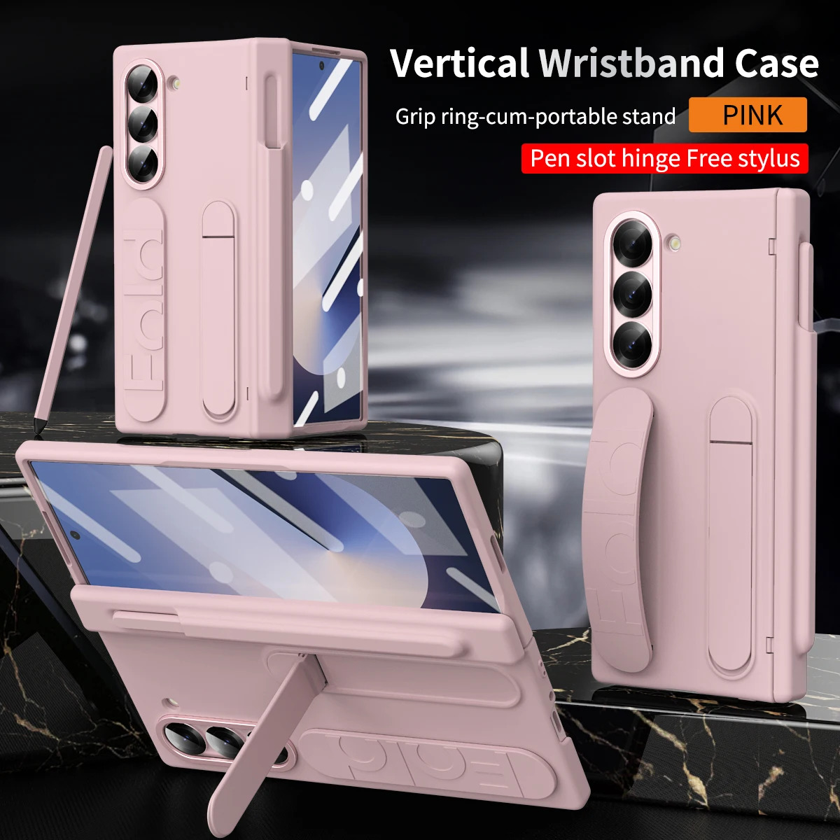 Color: black, Material: ABS - Touch Pen Case For Samsung Galaxy Z Fold 6 5 4 3 Skin Friendly Folding Hinge with Elastic Wrist Band Screen Tempered Film Cover