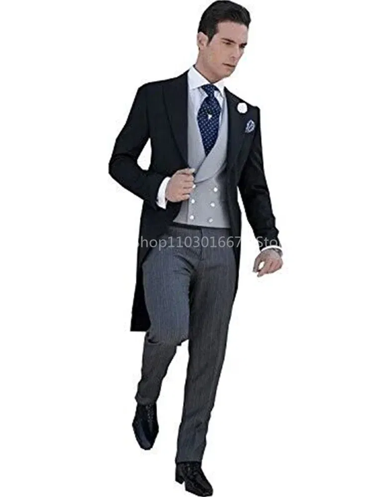 Color: black, Size: 4XL - Black Long Tail Blazer 3 Pieces Gentleman Male Suit Men's Fashion Groom Tuxedo for Wedding Party Prom Jacket Vest with Pants