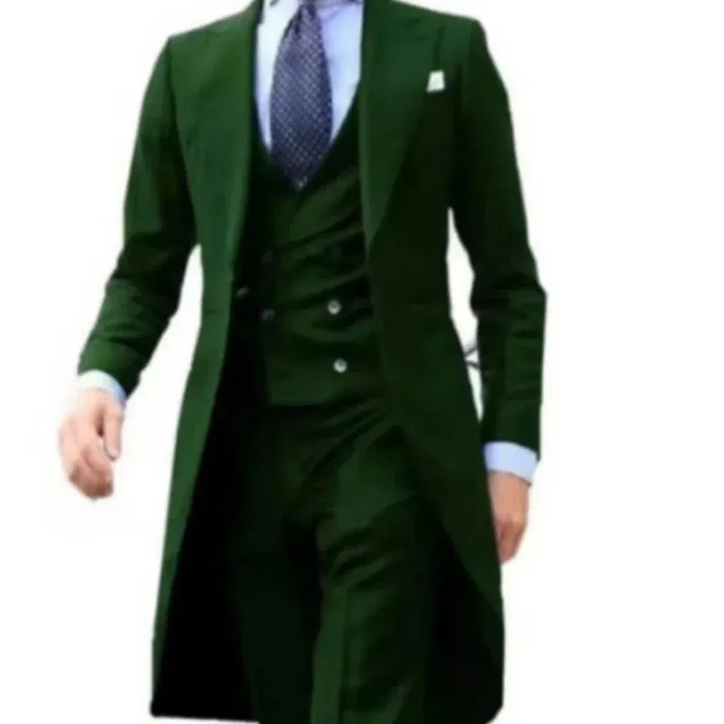 Color: green, Size: XL - Elegant man suit Slim Fit Suit Luxury Formal Tuxedos Wedding 3 Pieces Blazer Vest Pants Set Long Tail Coat One Button Custom
