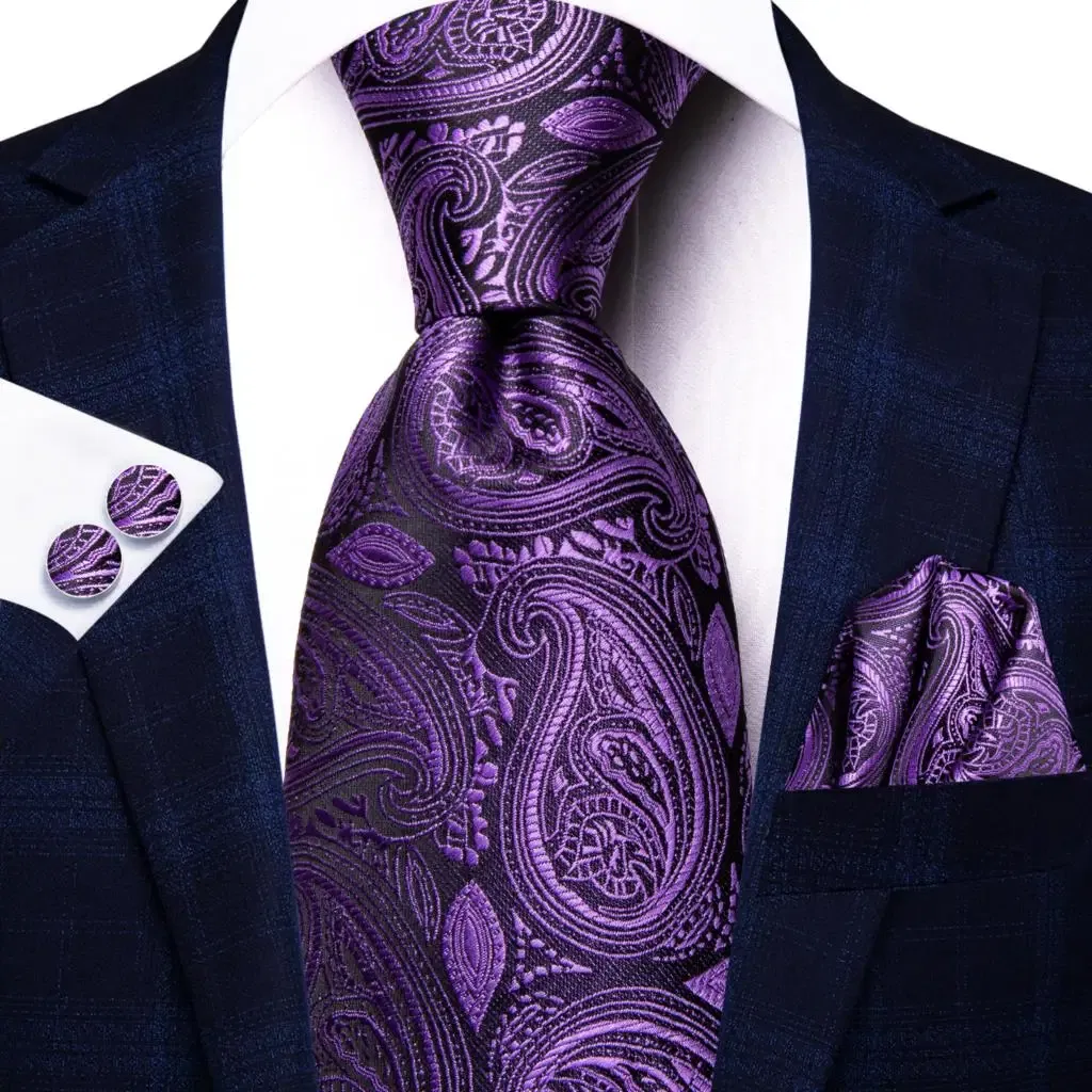 Color: Yellow - Hi-Tie Purple Paisley Silk Elegent Tie for Men Novelty Design Handky cufflink Tie Set Party Business Wedding Dropshipping