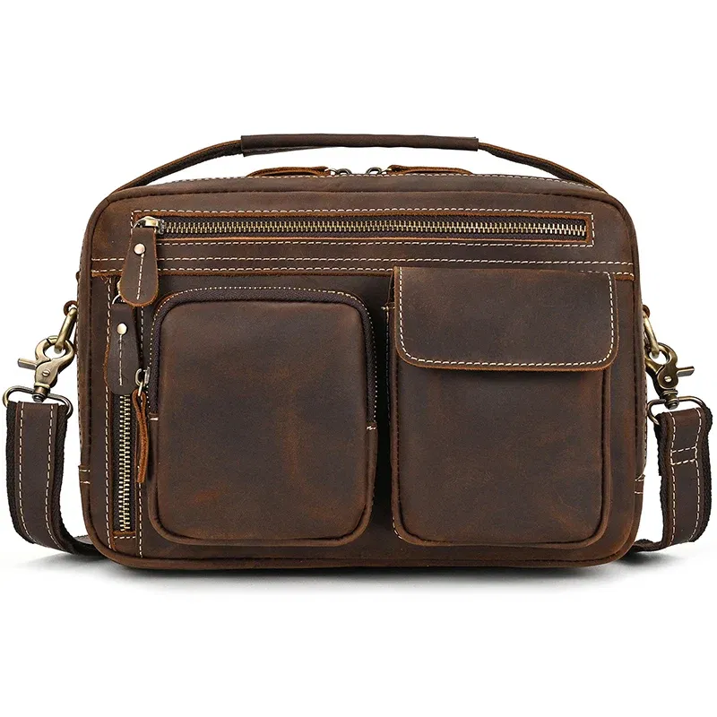 Color: Brown - Top Layer Cowhide Crazy Horse Leather 9.7 "iPad Leather Shoulder Bag Crossbody Handbag For Men Male Messenger Bag