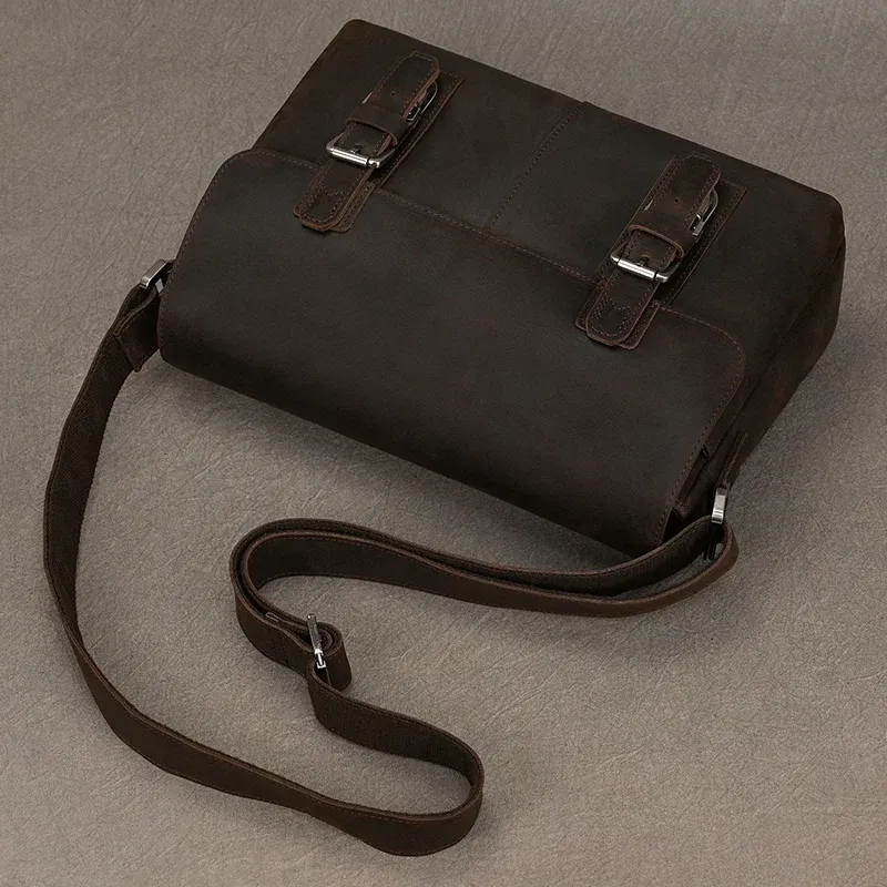 Color: Brown - Top Layer Cowhide Crazy Horse Leather 9.7 "iPad Leather Shoulder Bag Crossbody Handbag For Men Male Messenger Bag