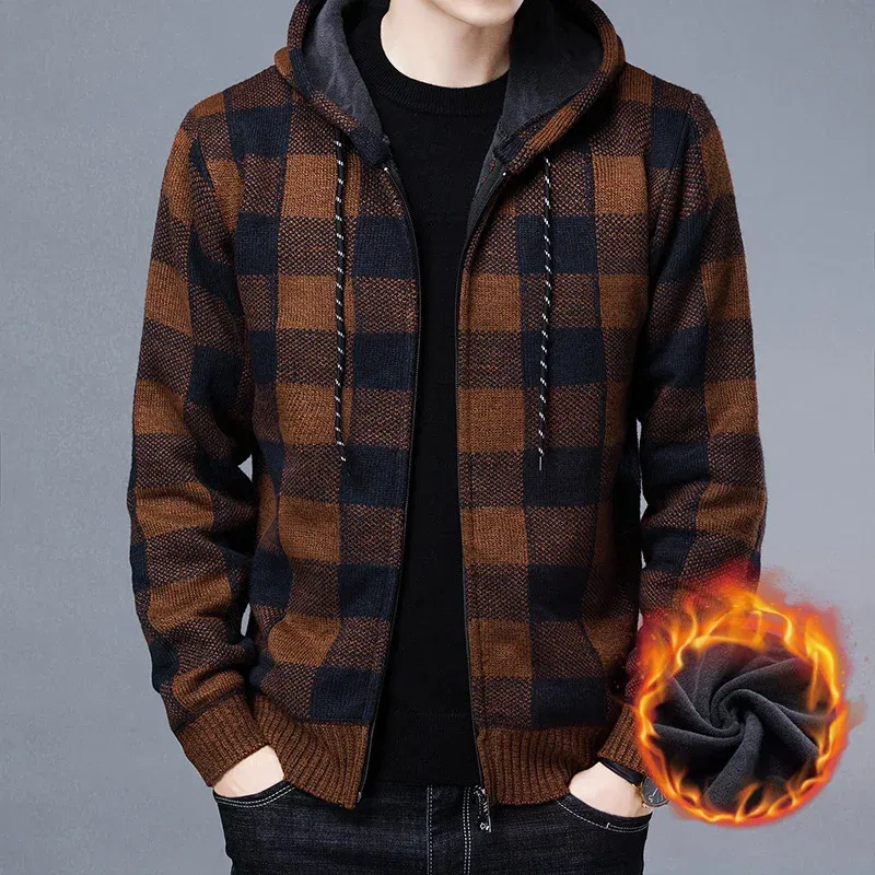 Color: Red, Size: XXL - Winter 2023 New Men's Fleece Thickened Cardigan Knit Sweater / Male Loose Warm Hooded Add Wool Jacket Coat