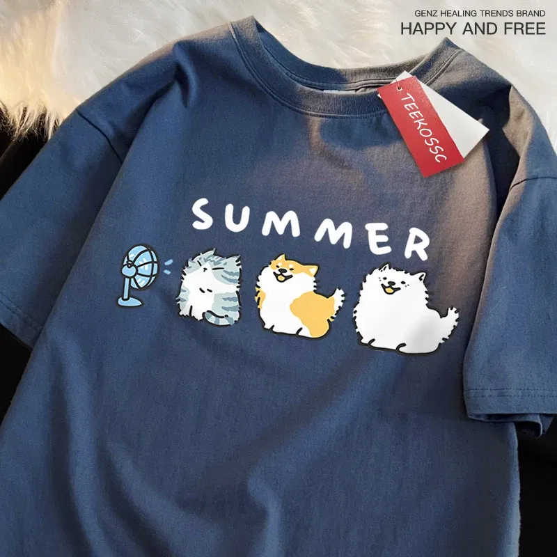 Color: Gold, Size: M - Cats And Dogs Blowing Fans Print T Shirts Men Women Cute Crewneck Clothes Loose Summer T-Shirts Fashion Cotton Short Sleeve