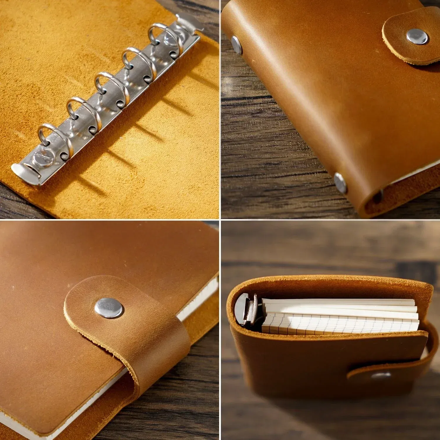 Color: Khaki - Genuine Leather A8 Size Ring Planner Cowhide 5-hole Rings Mini Notebook with 15 MM silver Rings Retro Organizer Diary Notepad