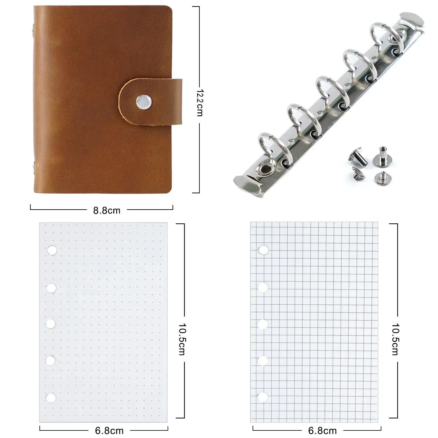 Color: Khaki - Genuine Leather A8 Size Ring Planner Cowhide 5-hole Rings Mini Notebook with 15 MM silver Rings Retro Organizer Diary Notepad