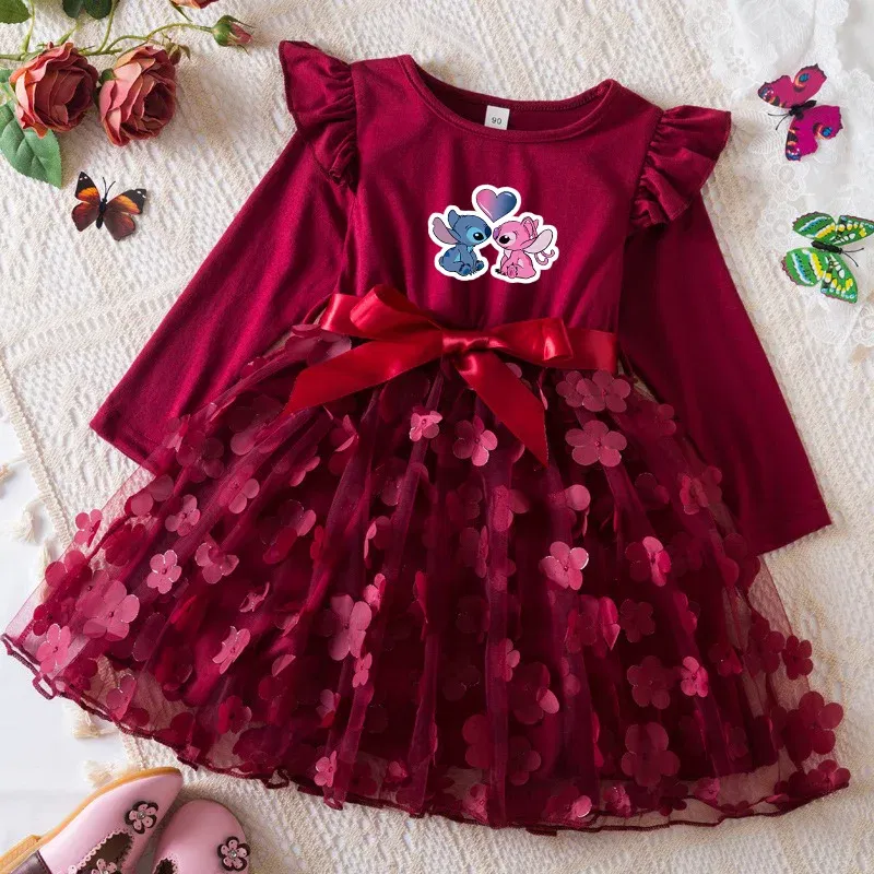 Color: Fuchsia, Size: One Size, Height: 158 - Lilo Stitch Girl Baby Dresses Spring Autumn Child Long Sleeve Sweet Princess Dress Mesh Newborn Casual Dress Birthday Party 2-6Y