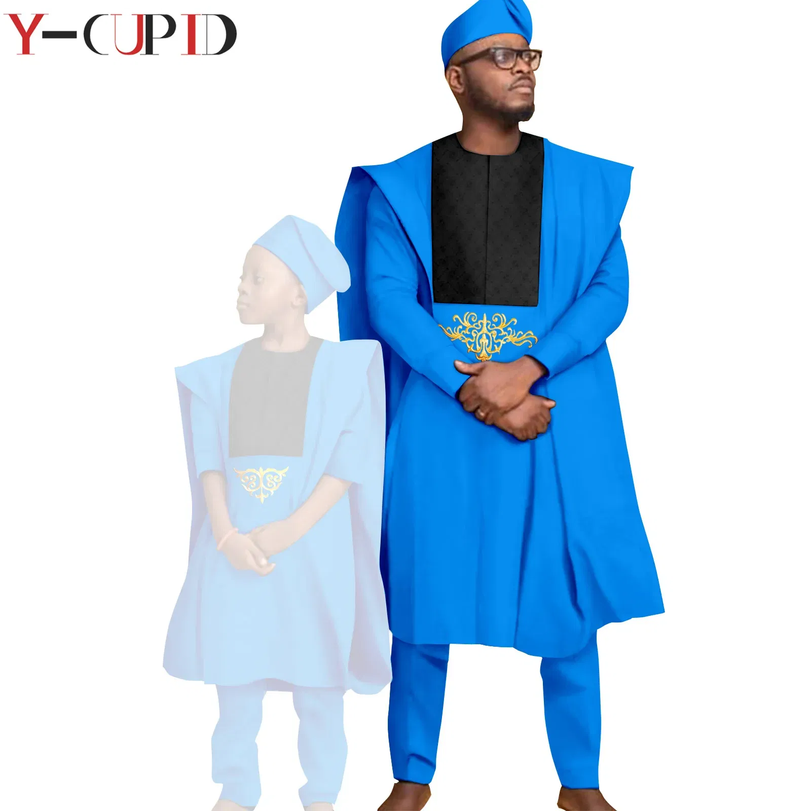 Color: MULTI, Size: S - African Clothes for Men Top Pants Robes Hat Sets Match Kid Boy Sets Dashiki Father and Son Bazin Riche Family Outfits Y20F001
