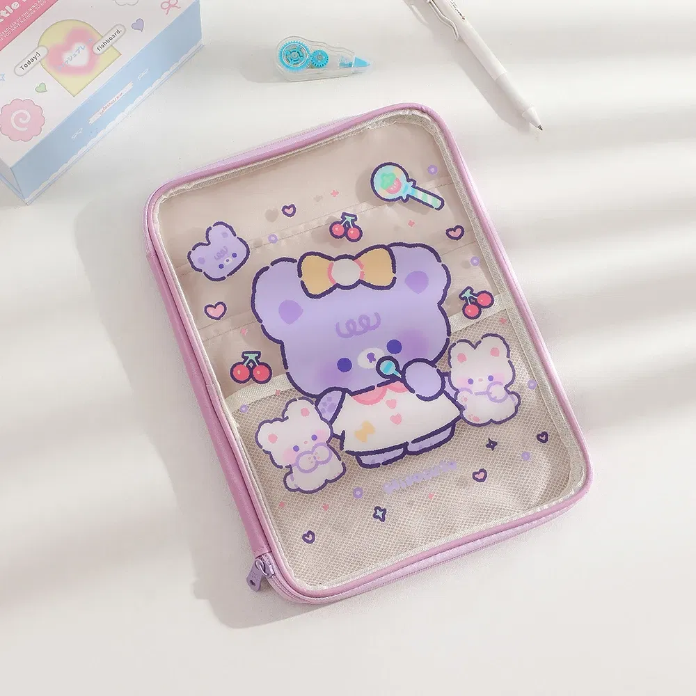 Color: PURPLE - Cartoon PVC Stationary Organzier Pouch Big Capacity Storage Pens Eraser Students Pencil Bags