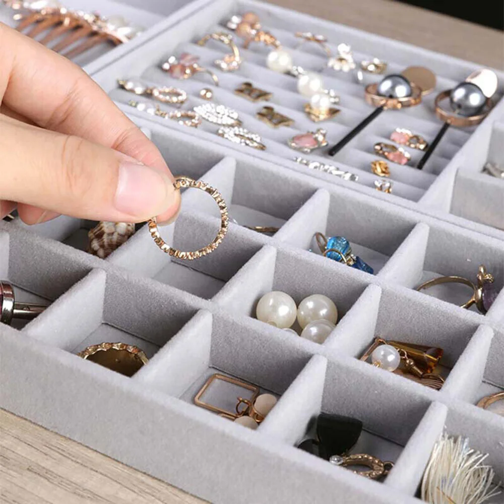 Color: Brown - Velvet Jewelry Storage Box Necklace Stackable Display Tray Bracelet Earring Organizers DIY Handicrafts Drawer Box Organizer Box