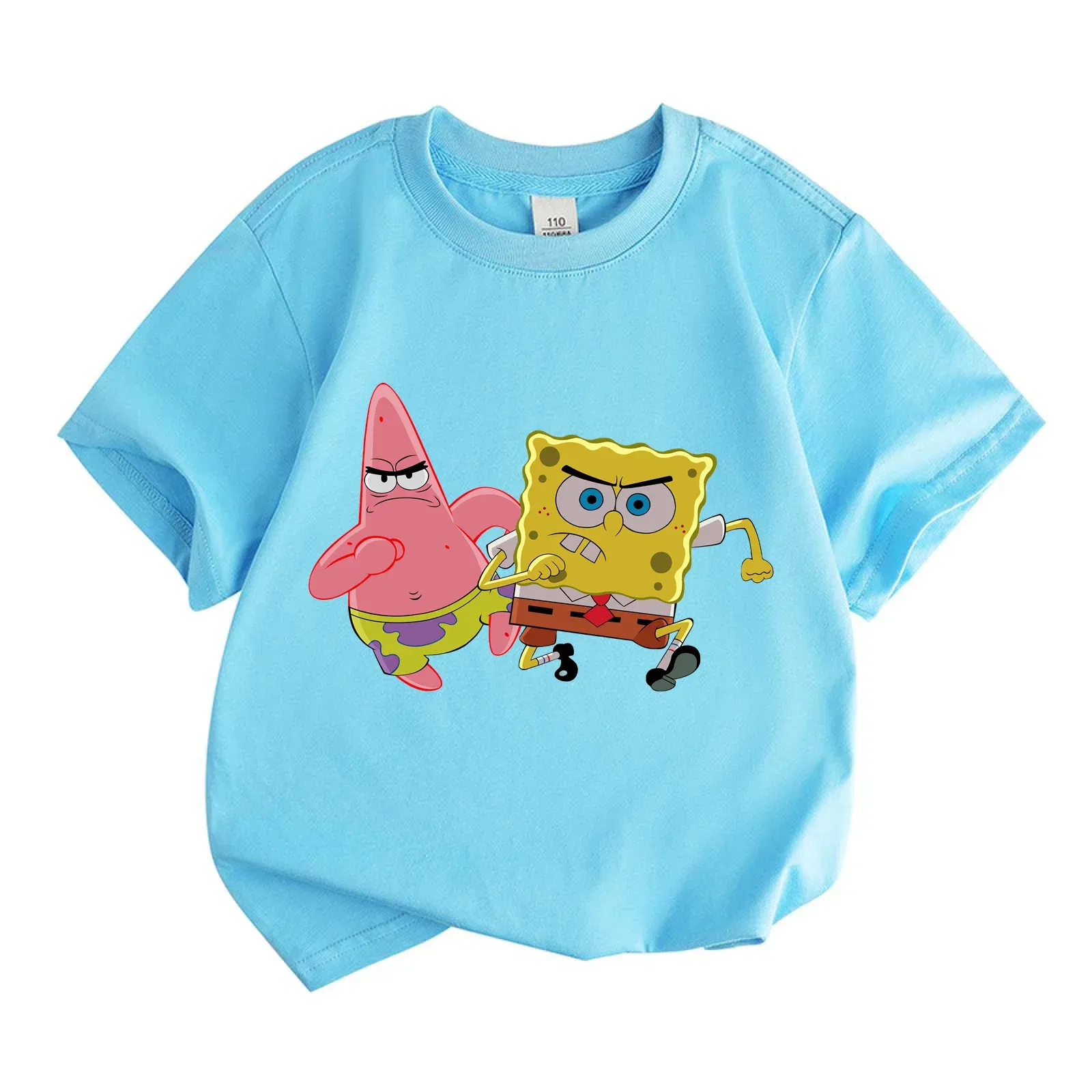 Color: SKY BLUE, Kid Size: 5T - Mr. Krabs Squidward Sandy Spongebob T-shirt 100%Cotton Children Round Neck Short-sleeved Boys Girls Fashion Kids Clothes