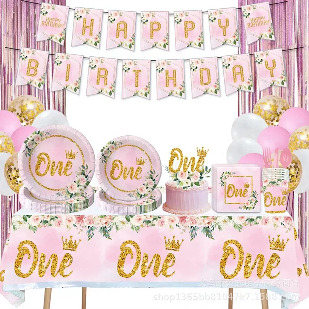 Color: Burgundy - Girls One First Happy Birthday Disposable Tableware Pink Plate Napkins Cup Hat for Baby Shower 1 Year Old Birthday Party Deco