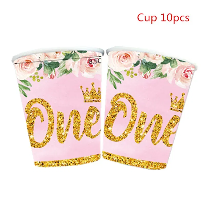 Color: Burgundy - Girls One First Happy Birthday Disposable Tableware Pink Plate Napkins Cup Hat for Baby Shower 1 Year Old Birthday Party Deco