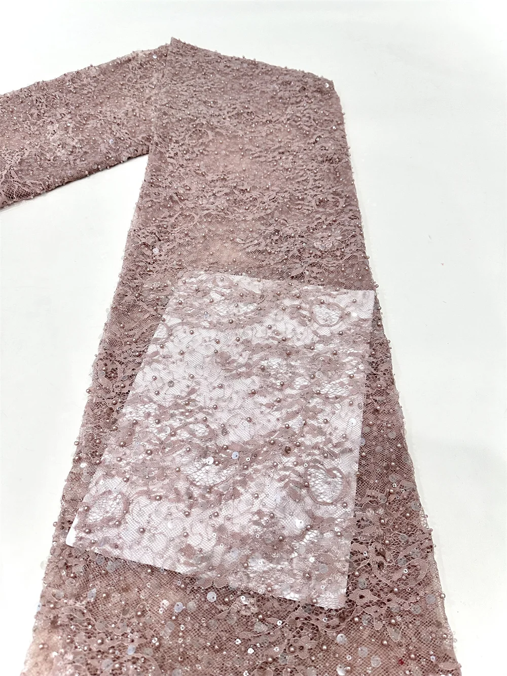 Color: Pink, Width: 120cm, Length: 5 yards - Luxury French Mesh Beads Lace Fabric 2025 High Quality African Sequins Mesh Lace Fabrics For Nigerian Women Wedding Dress Sewing