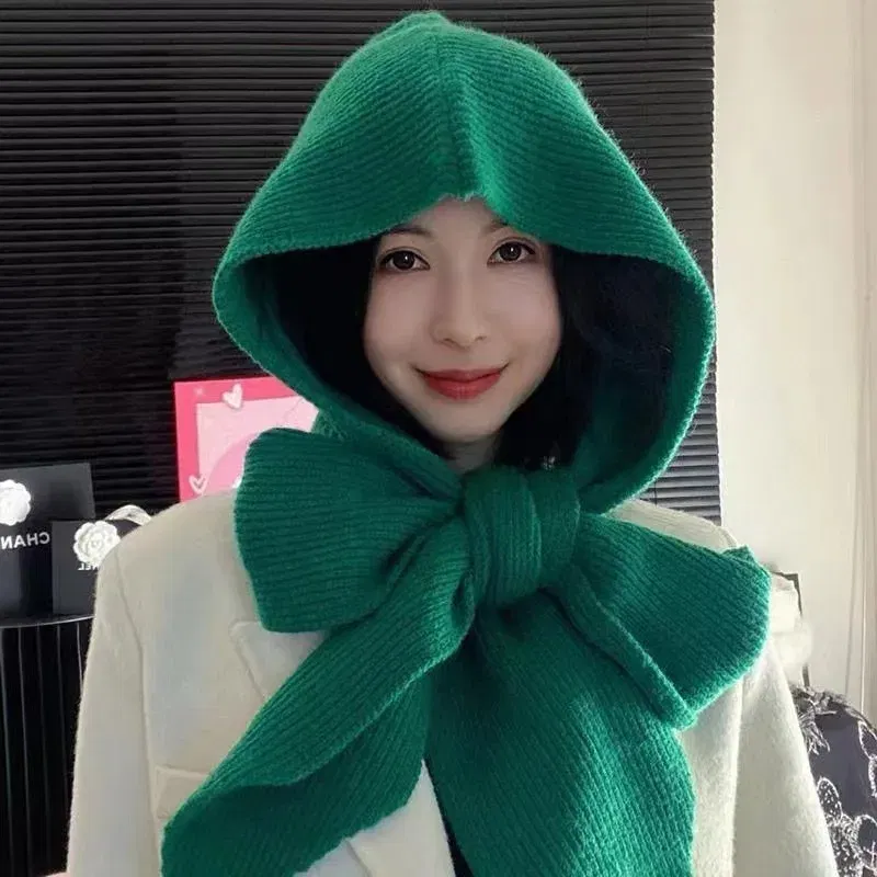 Color: green, Size: One Size - Big Knitted Hat Beanies Cap for Men&Women Winter Warm Unisex Hooded Hat Neck Collar Scarf Cap Ski Cold Hat Balaclava Caps Bonnet