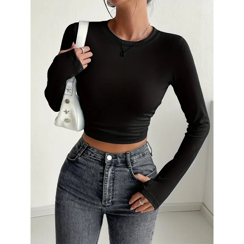Color: Pink, Size: M - Autumn Winter Women's Long Sleeve T Shirt Slim Fit Tees Crop Tops Shirts Basic Tee Tops Workout Streetwear Y2K Fall Fashion 2025