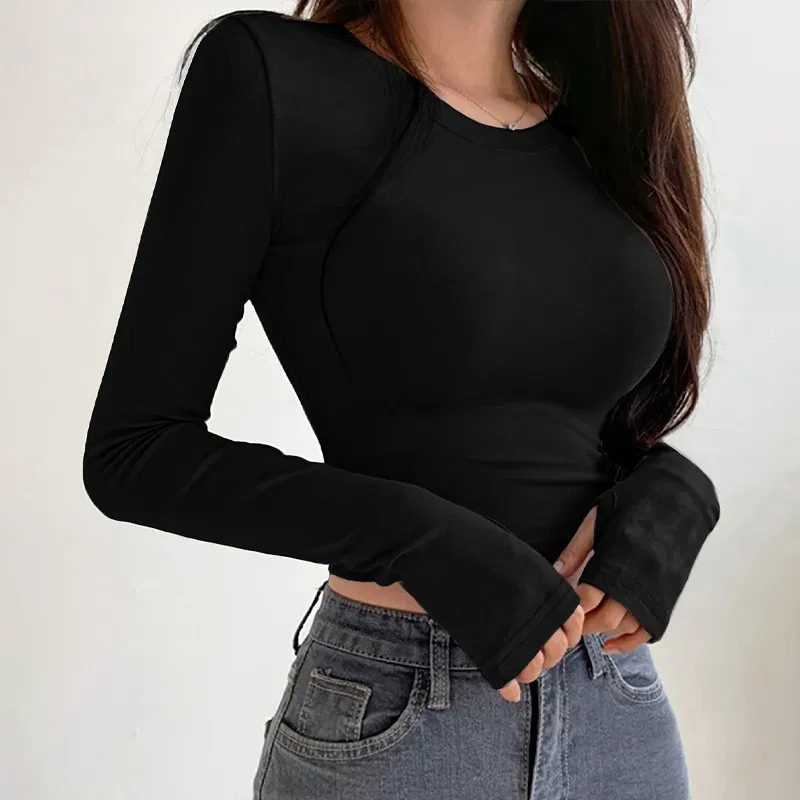 Color: Pink, Size: M - Autumn Winter Women's Long Sleeve T Shirt Slim Fit Tees Crop Tops Shirts Basic Tee Tops Workout Streetwear Y2K Fall Fashion 2025
