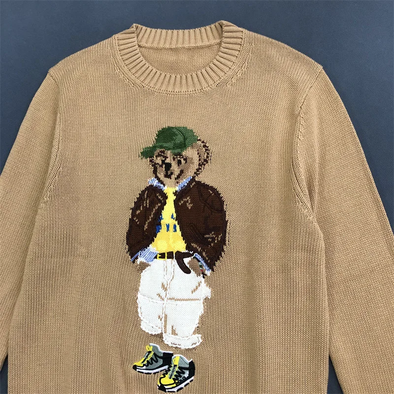 Size: S, Color: SKY BLUE - American Cartoon Embroidered Cotton Bear Sweater Women 2025 Round Neck Long Sleeve Knitted Pullover Fall Winter