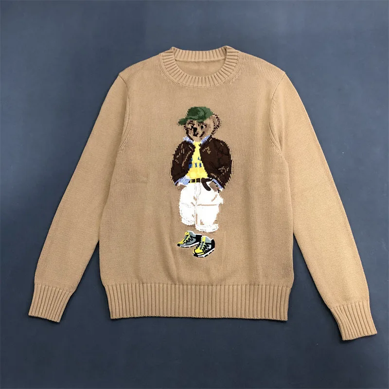 Size: S, Color: SKY BLUE - American Cartoon Embroidered Cotton Bear Sweater Women 2025 Round Neck Long Sleeve Knitted Pullover Fall Winter