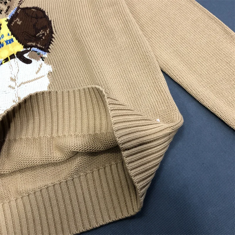 Size: S, Color: SKY BLUE - American Cartoon Embroidered Cotton Bear Sweater Women 2025 Round Neck Long Sleeve Knitted Pullover Fall Winter