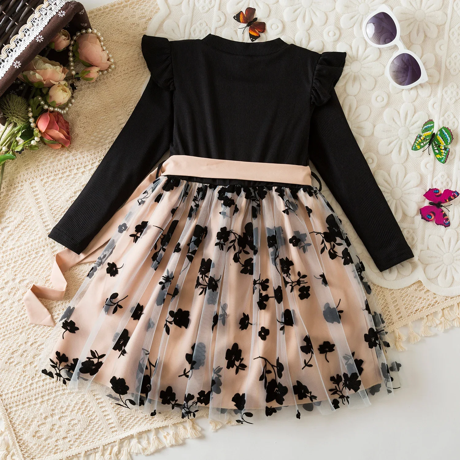 Color: Beige, Kid Size: 5 - Spring Autumn Full Sleeve Dress for Girls 3 to 8 Yrs Flower Girl Dress Children's Casual Clothing New Long Seelve Princess Dress