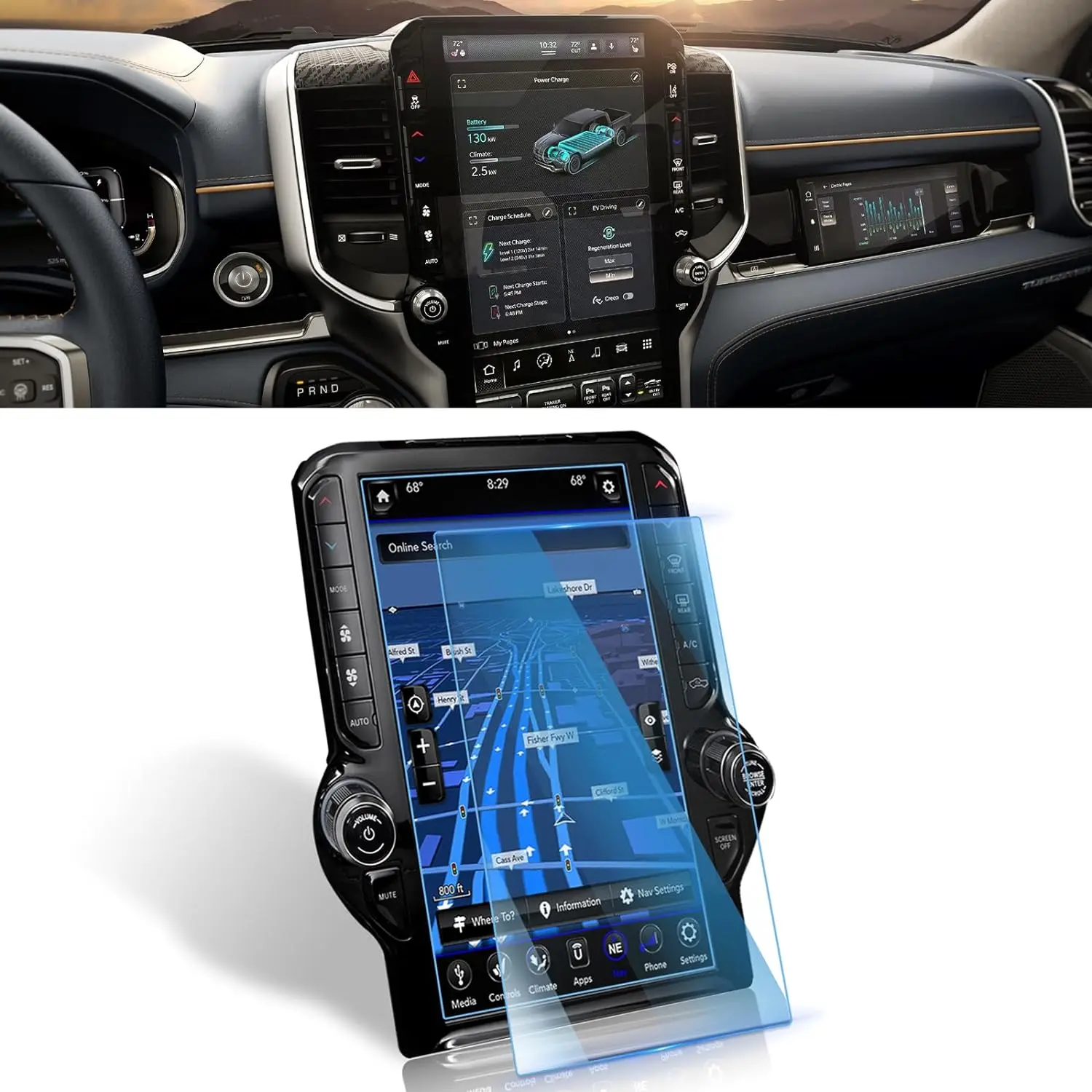 For 2024 2023 Dodge Ram 1500 2500 3500 TRX 12INCH LCD Touch Screen Navigation GPS Protection Accessories Tempered Glass Film