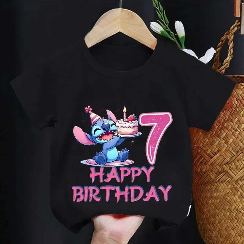 Color: army green, Kid Size: 5 - Lilo Stitch Children T-shirt Birthday 3-10 Years Boy Girl Clothing Summer Cartoon Print Tshirt Short Sleeve Cotton Top Baby Tee