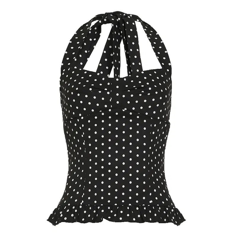 Color: black, Size: S - Causal Cute Polka Dot Print Halter Women Tops Fashion Chic Simple Patchwork Summer New Slim Blouses