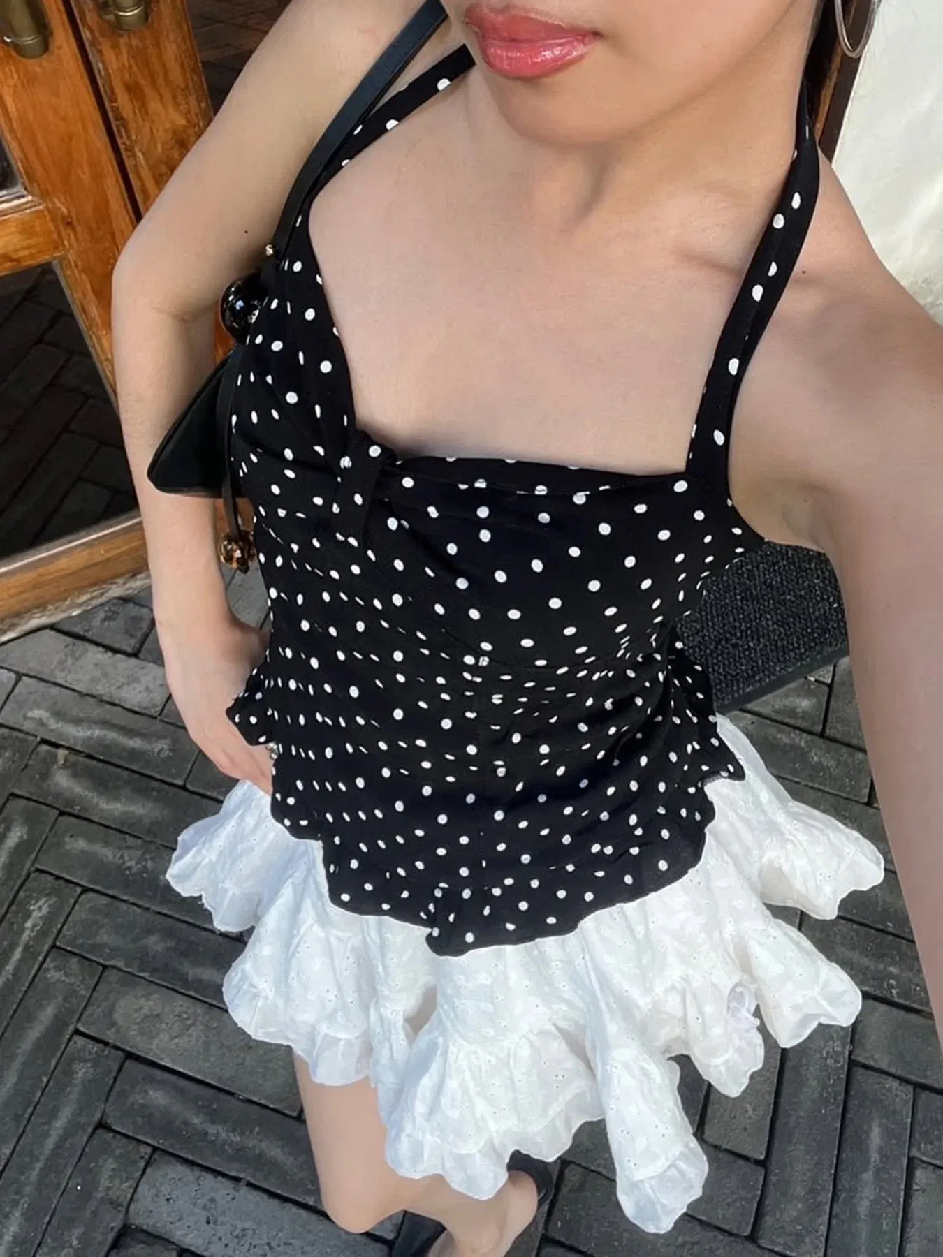 Color: black, Size: S - Causal Cute Polka Dot Print Halter Women Tops Fashion Chic Simple Patchwork Summer New Slim Blouses