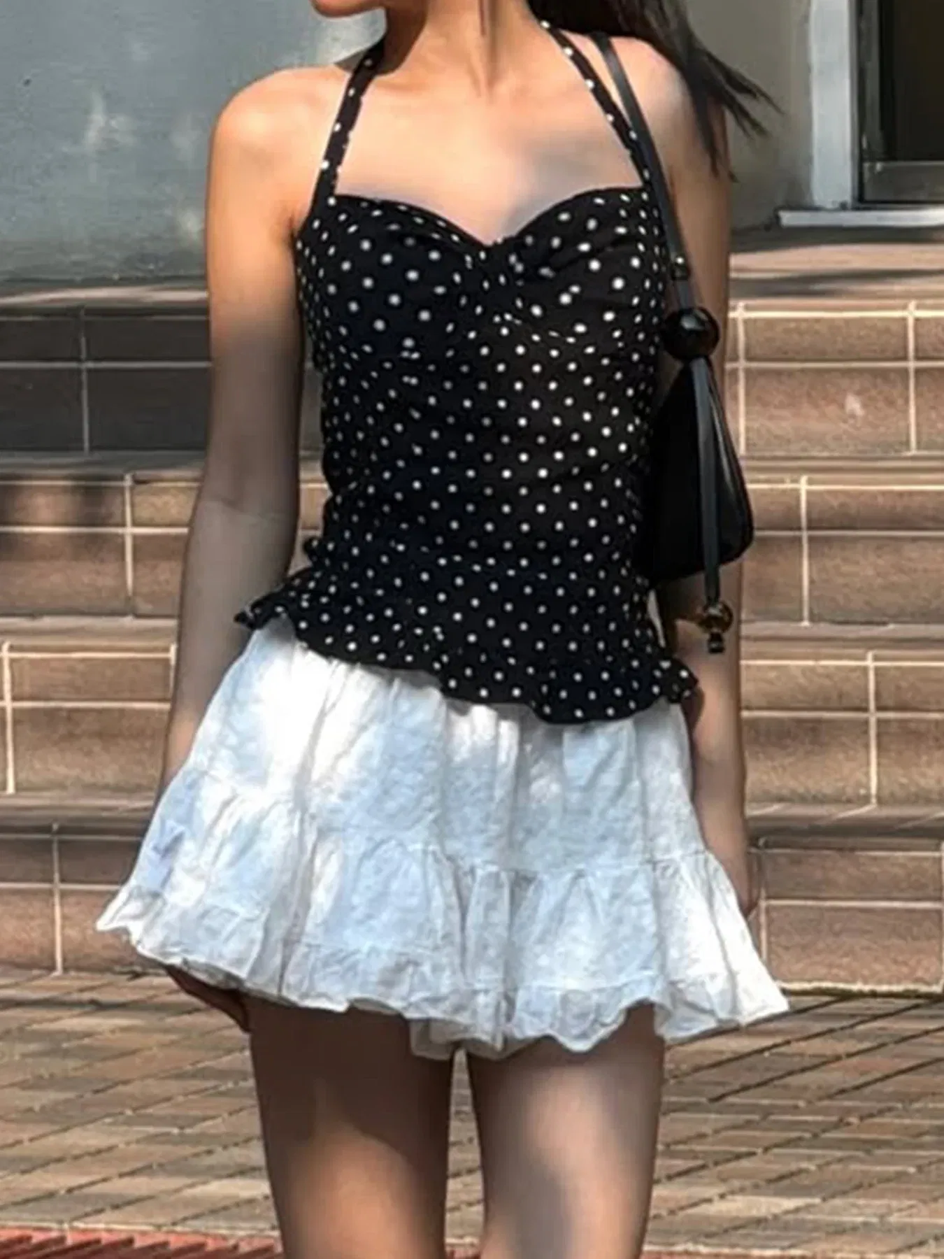 Color: black, Size: S - Causal Cute Polka Dot Print Halter Women Tops Fashion Chic Simple Patchwork Summer New Slim Blouses