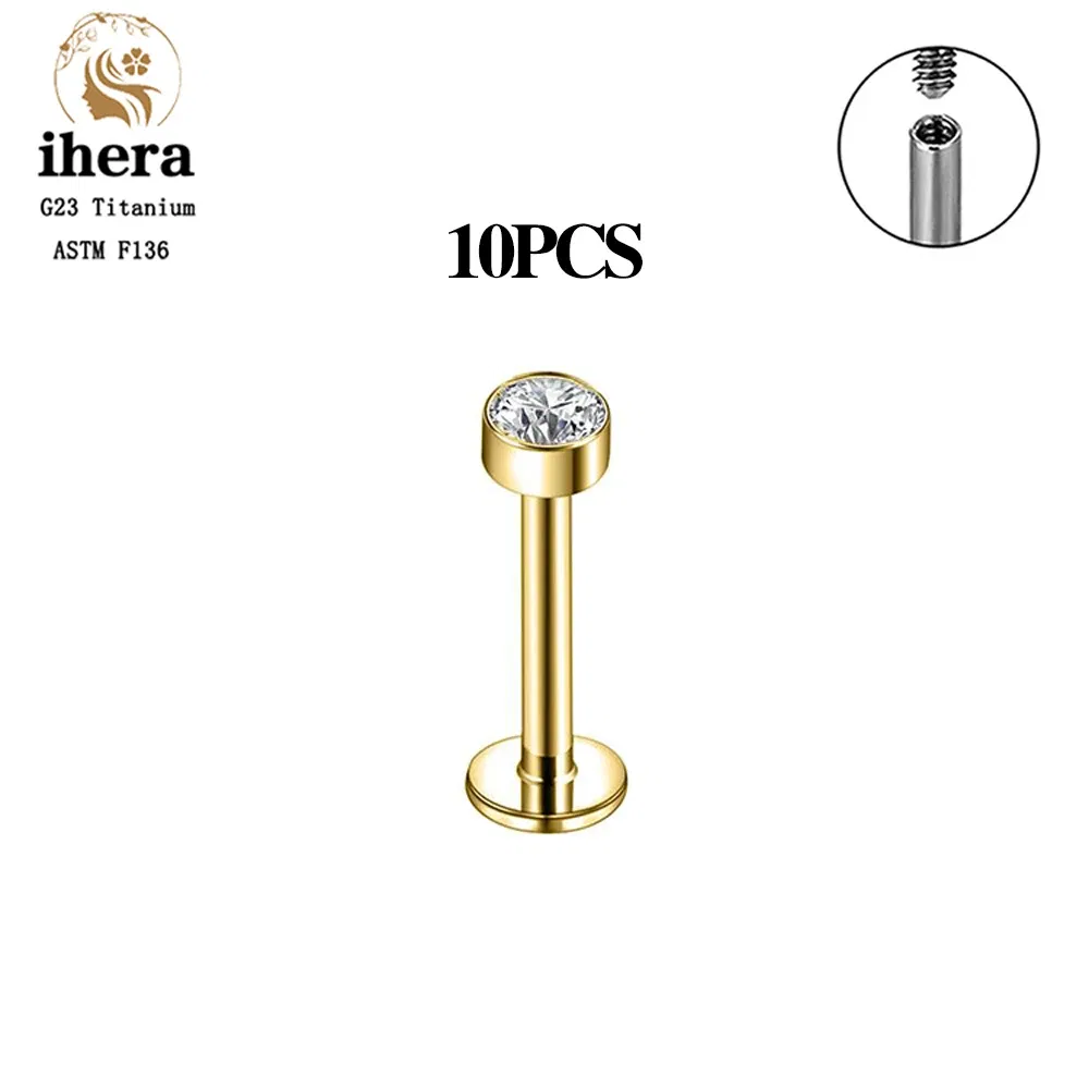 Metal color: Light Yellow Gold Color, Ships From: CHINA, Main Stone Color: Yellow - 10PCS G23 Titanium Labret Piercing Lip Ring 16G F136 Internal Thread Nose Stud Earring Tragus Helix Cartilage Piercing Jewelry