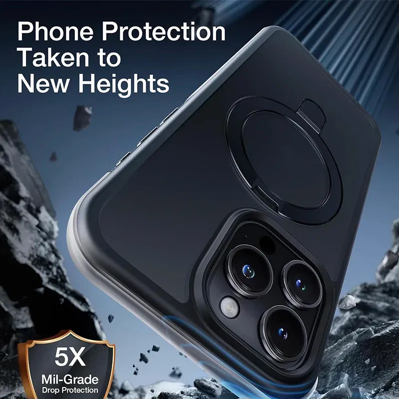 Color: Beige, Material: artificial leather - Magnetic Phone Case with Ring Stand for Wireless Charging iPhone 15 Pro Max 14 Plus 13 12 11 Translucent Cases Matte Slim Cov