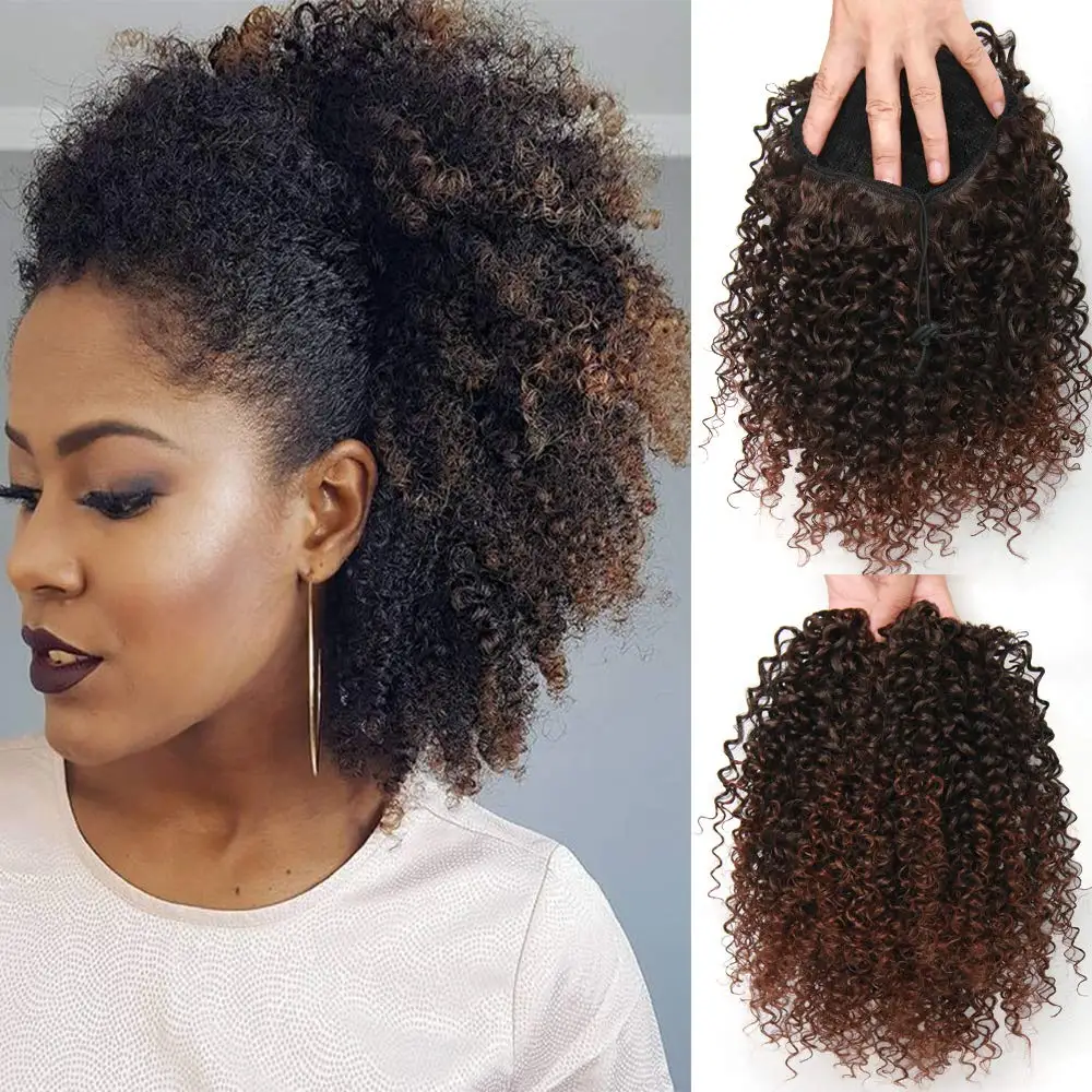 Color: T1B/33, Stretched Length: 20inches - Synthetic Short Afro Kinky Curly Ponytail Hair Piece for African American Ponytail Extension Afro Kinky Curly Ponytail for Women