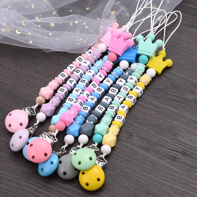 Color: Light Grey - New Baby Crown Pacifier Clips Silicone Pacifier Chains Handmade Toddler Teething Chain Nipple Clip Chew Toys Not Customized