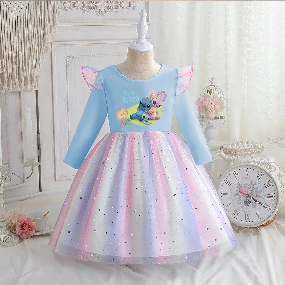 Color: PURPLE, Kid Size: 2T - Stitch Princess Dress Autumn New Disney Baby Girls Dress Spring Autumn Long-sleeved For Children Kids Clothes Birthday Party