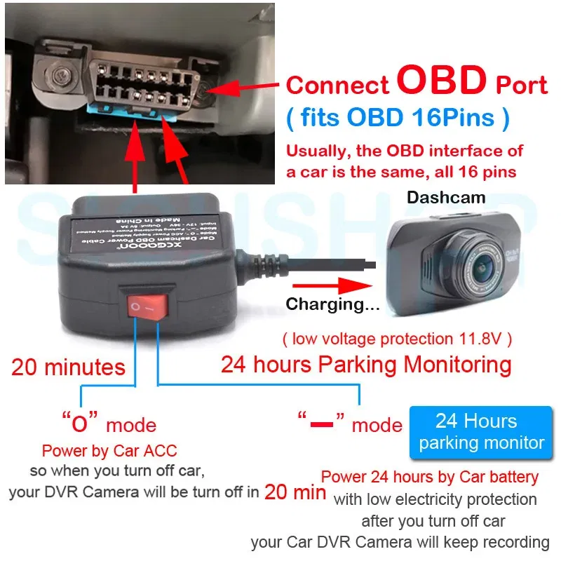Color Name: Black - XCGaoon 24Hours Car OBD Hardwire Kit With Mini Mico USB Port 5V 3A Charging Cable For XiaoMi 70Mai YI 360 Dash Cam DVR